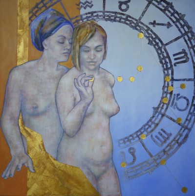Acrylgemälde mit zwei weiblichen Figuren vor einem astrologischen Zeichenkreis und goldenen Elementen.